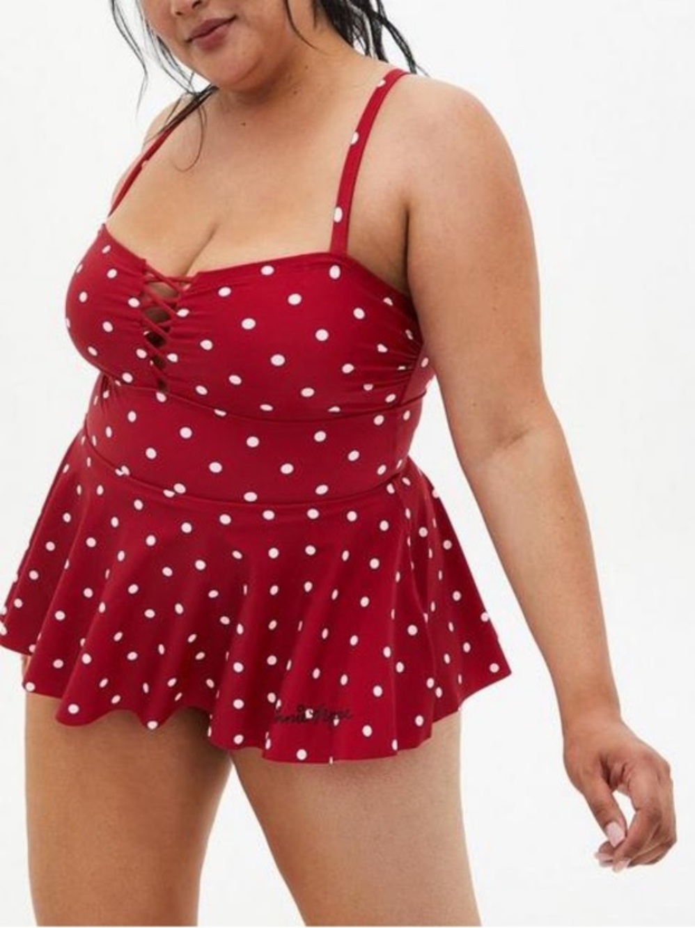 Torrid Minnie Mouse Red Retro Lattice-Front Peplum One-Piece Swimsuit